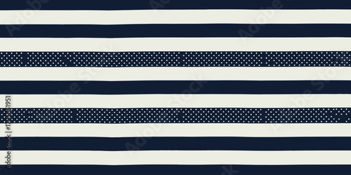 A pattern of alternating navy blue and white stripes with polka dot stripes in between them all over