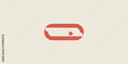 An abstract illustration featuring a red oblong shape with a white interior and a small red circle