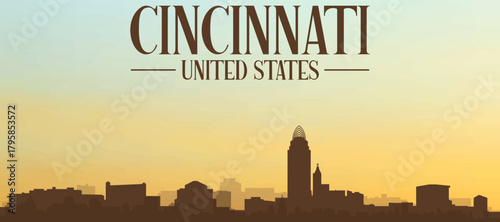 Panoramic poster of the city skyline with misty background buildings, hills sunrise, sunset and clouds of CINCINNATI, UNITED STATES