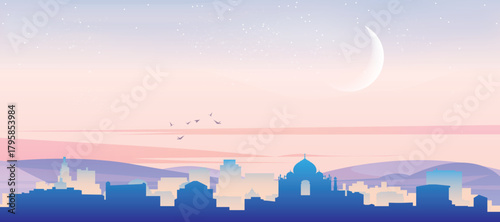 Panoramic poster of the city skyline with misty background buildings, hills sunrise, sunset and clouds of NEW DELHI, INDIA