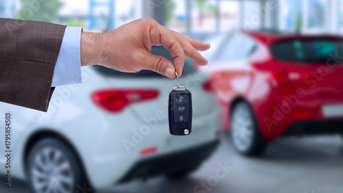 sales man hand holding car keys