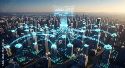 Futuristic Smart City Network: Connected Buildings, Data Flow, and Digital Transformation in Urban Landscape