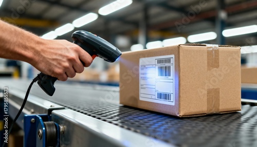 A warehouse worker is scanning a package label on a conveyor belt using a handheld barcode reader.