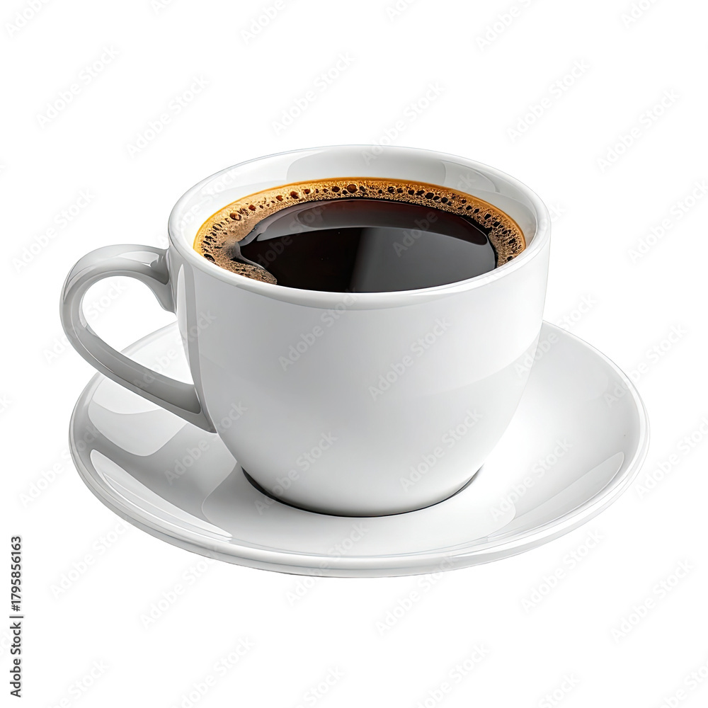 Obraz premium Coffee Dark liquid in white cup, saucer, handle, against black