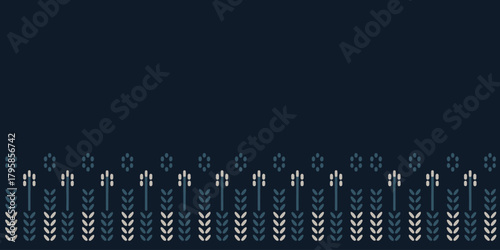 A dark blue background with a decorative border of stylized floral and leaf patterns in muted colors