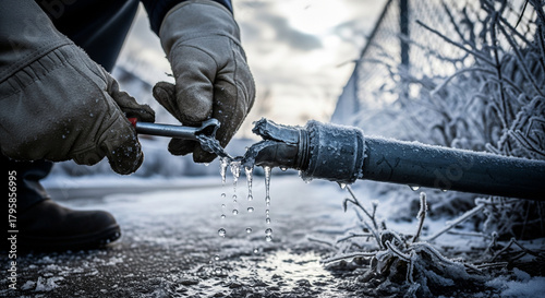 Wallpaper Mural Repair work on a frozen water pipe in a freezing city street, with icicles and droplets hanging from the damaged section Torontodigital.ca