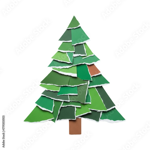 Paper Christmas Tree Made of Torn Green Paper Scraps Isolated on White Background Creative Festive Decoration DIY Craft Concept PNG 