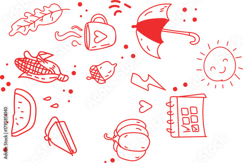 Red line art doodles of autumn objects and weather