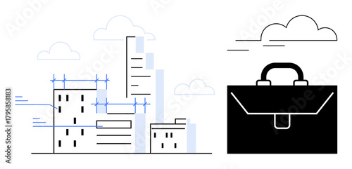 High-rise buildings in development paired with a bold briefcase, emphasizing business, construction, and urban planning. Ideal for growth, teamwork, success, strategy, career planning simple flat