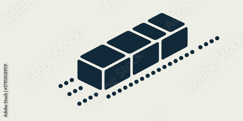 Isometric view of four dark blue cubes aligned in a row with dotted lines running parallel to them