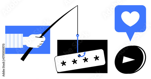 Hand holding fishing rod hooking password box, speech bubble with heart, video playback button. Ideal for cybersecurity, online privacy, data protection, awareness campaigns, phishing risks, social