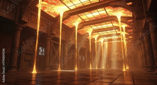 Illuminated Hallway with Golden Light Beams and Stained Glass Ceiling.