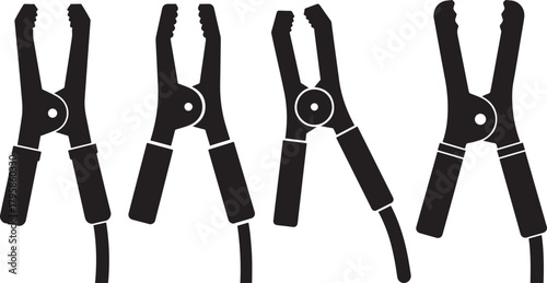 Four black silhouette clamps arranged side by side in a row