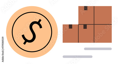 Dollar coin next to moving boxes symbolizing trade, economy, e-commerce, shipping, logistics, business, and supply chain. Ideal for finance, commerce delivery startups savings investment supply