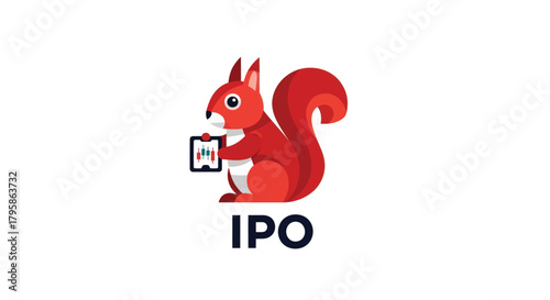Red squirrel holds stock chart on tablet above "IPO