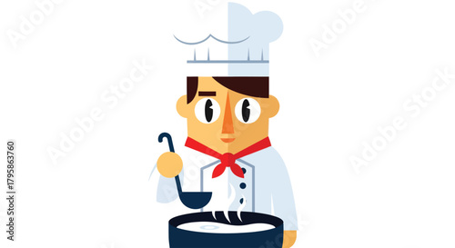 Simplified chef cooking with geometric shapes, ladle, and pot