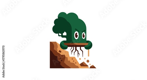 Cartoon tree with angry face stands on eroding soil