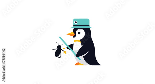 Cartoon penguin with a hat and fishing rod, catching an insect