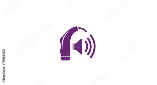 A purple icon showing a hearing aid emitting sound waves
