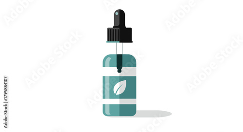 Teal bottle with black dropper, decorated with leaf