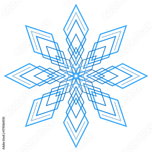 Blue snowflake vector illustration. Geometrical mandala on white background. Star with eight rays. Winter design element. Strict Christmas snowflake of rhombuses