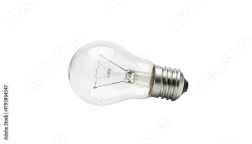 A clear light bulb with a metallic base positioned at an angle against a white background, ready for compositing