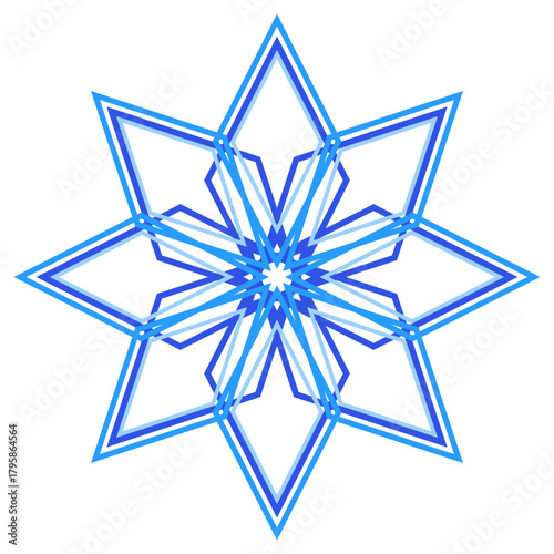 Blue geometry snowflake illustration. Winter mandala ornament on white background. Star with eight rays. Strict Christmas snowflake of straight lines