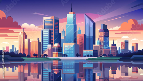 Very beautiful urban skyline reflecting on a calm river, featuring modern high-rise silhouettes, soft evening light, and a peaceful waterfront scene in a clean, atmospheric composition.