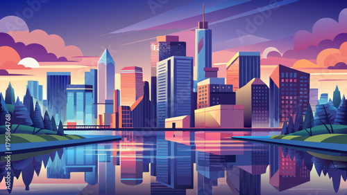 Very beautiful urban skyline reflecting on a calm river, featuring modern high-rise silhouettes, soft evening light, and a peaceful waterfront scene in a clean, atmospheric composition.