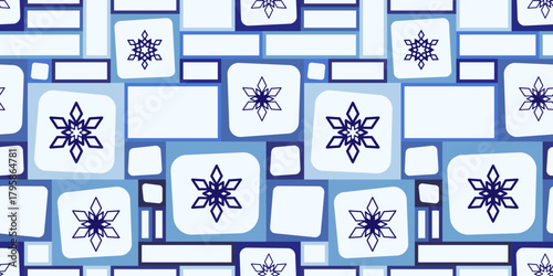Geometric winter seamless pattern. Blue snowflakes and rectangles on white background. Square frames with rounded corners. Snowflakes in cells. Unusual Christmas background.