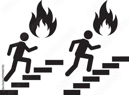 People running up stairs away from fire silhouette