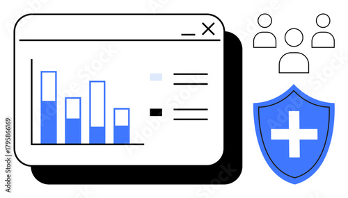 Bar chart analytics window, blue medical shield, group of users. Ideal for data protection, healthcare, teamwork, digital security, statistics research and collaboration. Minimal flat metaphor
