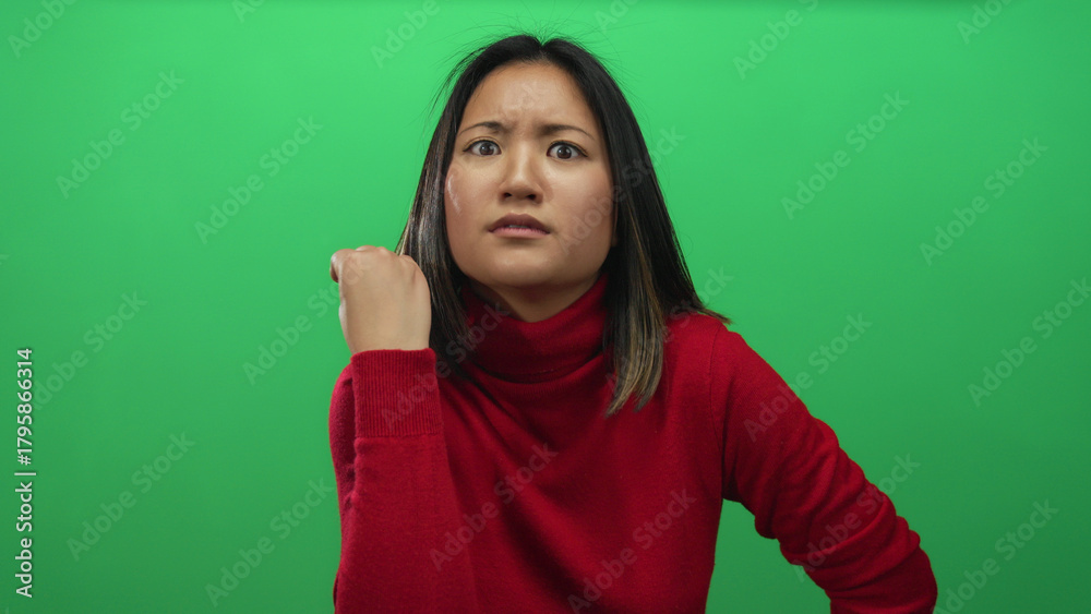 Fototapeta premium Young woman in red sweater making an expressive gesture with her hand against an isolated green background wall, conveying emotion and focus.