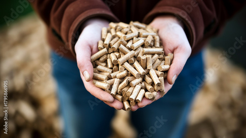 Pile of Eco Biofuel Pellets Made from Sawdust in Male Hands