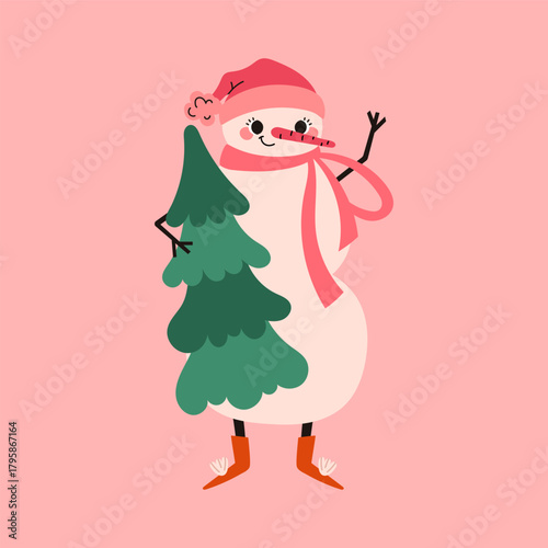 Cheerful pink Christmas snowman in warm hat and boots with a little green tree. Holiday season. Vector illustration.