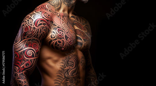 Muscular Male Torso with Intricate Tattoos on Dark Background