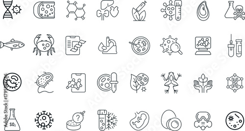 Biology and Biotechnology Vector Icons. Set of 32 line art symbols for genetics, lab research, and science. Includes DNA, microscope, virus, and molecular structures