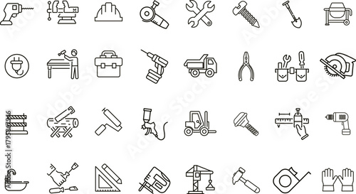 Construction and Tools Vector Icons. Set of 32 line art symbols for manual labor, machinery, and building projects. Includes hard hat, crane, blueprint, and power tools