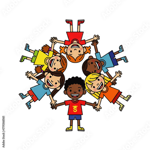 Colorful group of diverse children forming a cheerful circle in a playful illustration.
