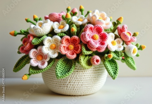 Colorful Crochet Amigurumi Flowers in Knitted Vase on Wooden Table