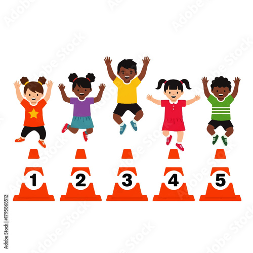 Five Children Jumping Over Traffic Cones in a Playful Outdoor Obstacle Scene.