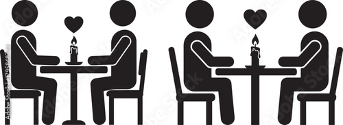 Romantic couple dining silhouette at candlelit tables with heart symbols