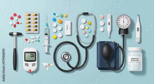 Medical Instruments Flat Illustration — Pills, Stethoscope, Syringe, Glucometer, and Diagnostic Tools Top View