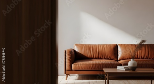 Warm Modern Interior — Brown Leather Sofa with Soft Lighting and Minimalist Wall Mockup Scene