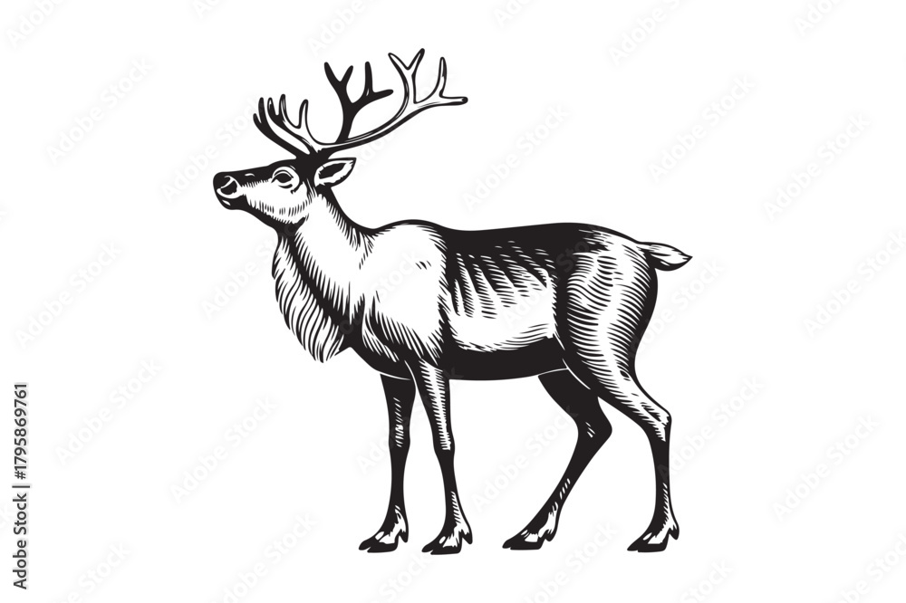 Fototapeta premium Vintage engraving of a majestic reindeer with antlers