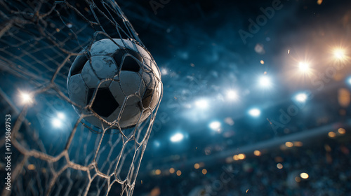 A soccer ball strikes the goal net during a thrilling match, illuminated by bright stadium lights. The atmosphere is electric as fans cheer for their teams