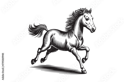 Dynamic black and white sketch of a galloping horse