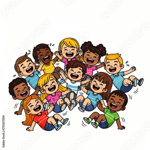 Diverse group of cheerful children lying together in a playful, carefree moment.