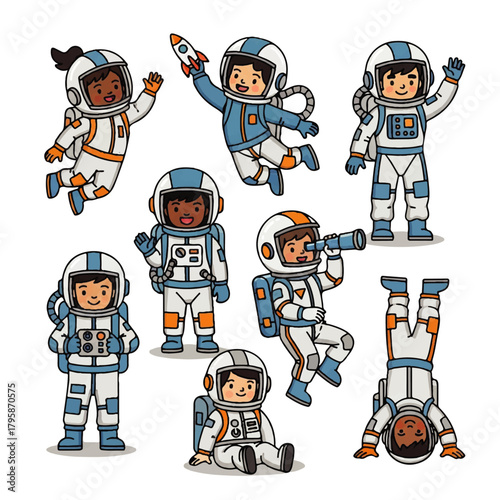 Animated collection of cheerful astronauts in space, floating and posing in playful scenes.
