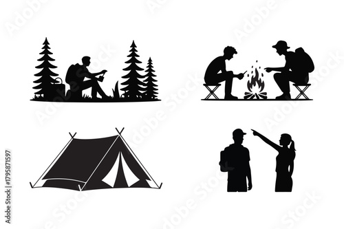Camping and hiking silhouettes for outdoor adventure and recreation